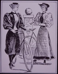 Kvinnlig cykeldräkt, visar flicka i bloomers, New York, USA