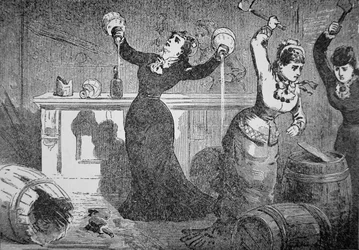 Kvinnliga medlemmar i Anti-Saloon League slår sönder en saloon, Fredericktown, Ohio, från "Police Gazette"