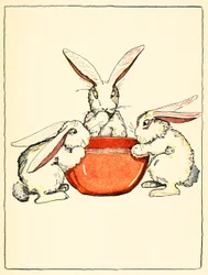 Flopsy, Mopsy och Cotton-Tail hade bröd och mjölk och björnbär till middag 1916.