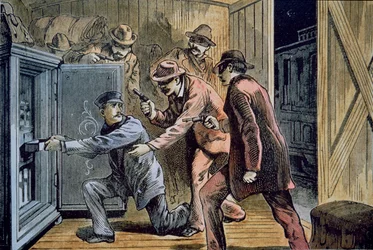 Frank och Jesse James Gang rånar expressbilen av ett tåg 1879 (färg litho)