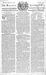 Framsidan av Boston Evening Post som tillkännager kung George II:s död (1683-1760), 5 januari 1761 (tryck)