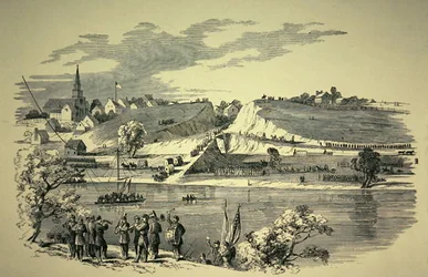 General Banks (1816-94) unionsdivision som korsar Potomac från Williamsport, Maryland, för att attackera konfedererade armén under general Jackson (1824-63) 1862 (litografi).