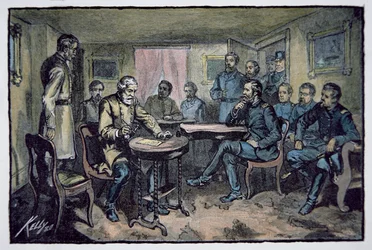 General Robert E. Lee (1807-70) kapitulerar till general Ulysses S. Grant (1822-85) vid Appomattox Courthouse, 9 april 1865 (lito i färg)