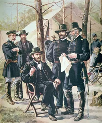 General Ulysses Simpson Grant, befälhavare för unionsstyrkorna vid slaget vid Shiloh, 6-7 april 1862 (färg litho)