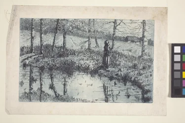 Girl By Pond (etsning och plåtton tryckt i blått)
