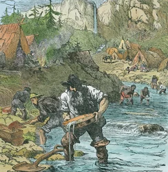 Guldtvätt i Kalifornien, från en bokpub. 1896 (handfärgad gravyr)