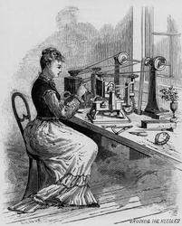 Grooving the Needles, illustration som visar tillverkning av symaskiner från tidskriften Scientific American, 1879