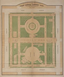 Markplan över byggnaderna för den stora centrala sanitära mässan, Logan Square, juni 1864 (färglitografi)