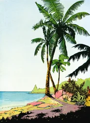 Illustration av strandparadis med palmer