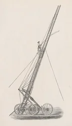 Illustration av slanghiss och lastbil nr 1. från rapporten från polisstyrelsen i brandkåren till Chicagos gemensamma råd, sid. 70., 1872 (trästick)