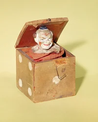 Jack-in-the-box (clown ansikte), 1870-1900 (trä, textil, metall, färg)