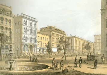 LaSalle Street från Courthouse Square, från Chicago Illustrated, med litterära beskrivningar av James W. Sheahan, publicerad av Jevne & Almini, Chicago, 1866-67