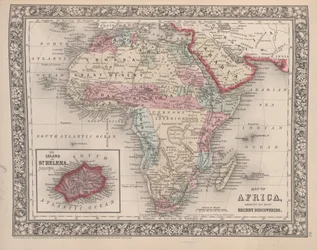 Karta över Afrika som visar dess senaste upptäckter med ön St. Helena insatt från Mitchells nya allmänna atlas, 1863 (färggravyr)
