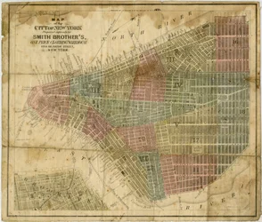Karta över staden New York: utarbetad uttryckligen för Smith Brothers, ett prislager för kläder... utarbetad av J.H. Colton & Co., 1854-1869 (svart och färgat bläck på papper)