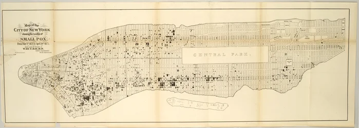 Karta över staden New York som visar platsen för smittkoppor, från 1 maj 1874 till 30 april 1875.