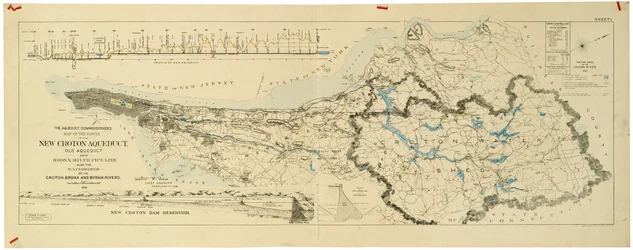 Karta över den nya Croton akvedukten, den gamla akvedukten och Bronx River pipeline, även vattendelare i Croton, Bronx