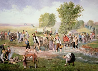 Mormonpionjärer som drar handkärror på den långa resan till Salt Lake City 1856 (färg litho)
