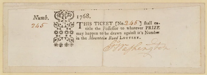 Mountain Road Lottery Ticket, signerad av George Washington (1732-99) 1768 (bläck på papper)