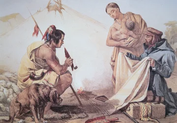 Indianer som handlar med päls (färg litho)