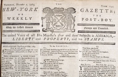 New York Gazette-topp som deklarerar sitt motstånd mot frimärkena, tryckt 7 november 1765 (tryck)