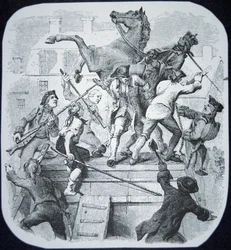 New York-rebeller drar ner statyn av den hatade George III av England (litho)