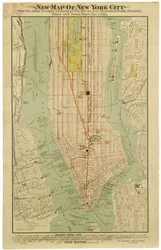 Ny karta över New York City från de senaste undersökningarna som visar alla färjor och ångfartygshamnar, förhöjda tunnelbanor elektriska [sic] och tvärgående stadsbilslinjer.