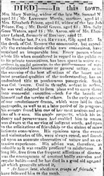 Nekrologsida från Boston Intelligencer, 16 maj 1818 (tryckt)