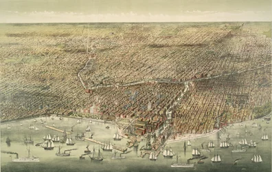 Panoramavy över staden Chicago, pub. 1892 (färglitografi)