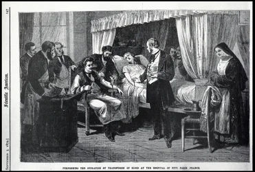 Utför operationen av blodtransfusionen på Hospital of Pity, Paris, Frankrike, illustration från den amerikanska forskaren