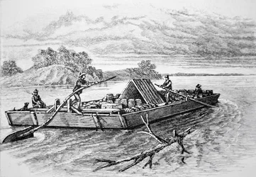 Pioneer flatboat på Mississippi River, ca. 1840 (gravyr)