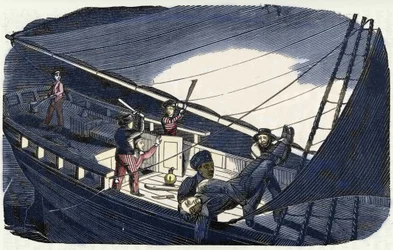 Piraten Charles Gibbs (tidigt 1800-tal) dödar kapten Thornby och kastar honom i havet. Gravyr av "Piratens egen bok" 1837.