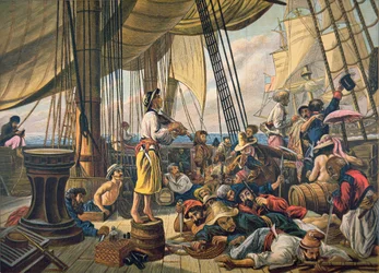 Pirater som försöker hämma ett amerikansk flottans fartyg genom att utge sig för ett oskyldigt handelsfartyg (färg litho)