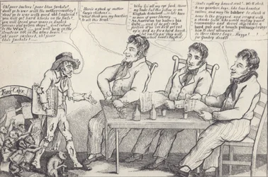 Politisk tecknad film på kvällen före kriget 1812, ca 1812 (litho)