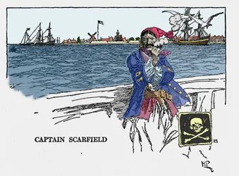 Porträtt av kapten Scarfield: "" Book of pirates Buccaneers and Marooners of the Spanish Main"" av Howard Pyle (1853 - 1911), amerikansk illustratör. 1887.