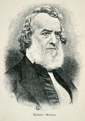 Porträtt av Gideon Welles (1802-78), sekreterare för den amerikanska flottan under kriget och återuppbyggnaden (litho)