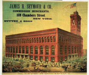 Affischreklam för James H. Seymour & Co. Commission Merchants på New York Produce Exchange, graverad av Sacket, Wilhelms och Betzig, ca 1885