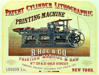 Reklamaffisch för patenterad cylinderlitografisk tryckmaskin, R. Hoe & Co., London och New York