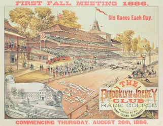 Affisch som annonserar Brooklyn Jockey Club Race Course, 1886