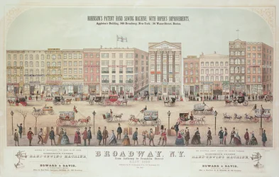 Affisch med utsikt över Broadway, från Anthony till Franklin Street, reklam för Robinsons Patent Hand Sewing Machine, 1855