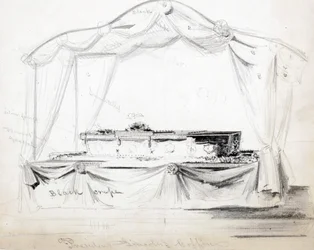 President Abraham Lincolns kista ligger i staten i Vita huset, Washington D.C., april 1865 (penna, bläck och tvätt på papper)
