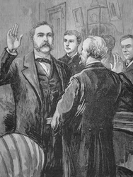 President Chester A. Arthur avlade ed efter James Garfields död den 20 september 1881 (litho)