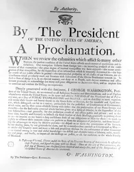Tillkännagivande från president George Washington (1732-1799) som utser torsdagen den 19 februari till en dag för offentlig tacksägelse och bön, 1795 (tidningspapper)