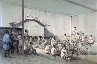 Offentligt bad i Simoda, 1856 (färgad akvatint)