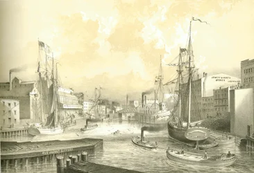 Rush Street Bridge, View from State Street, från Chicago Illustrated, med litterära beskrivningar av James W. Sheahan, publicerad av Jevne & Almini, Chicago, 1866-67