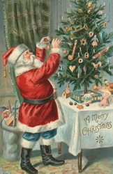 Jultomten dekorerar en julgran