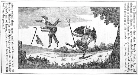 Satan sparkar Joseph Smith (1805-44) från baksidan av Anti-Mormon Almanac för 1842