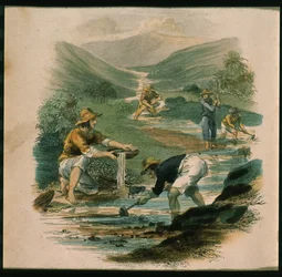 Scen på grenen av Sacramento 1597, illustration från Kalifornien, dess tidigare historia, dess nuvarande position, dess framtidsutsikter av G.A. Fleming, 1850
