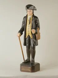Skulptur av Diedrich Knickerbocker som stod i Knickerbocker Hall i New York City, ca 1850-67 (målat trä)