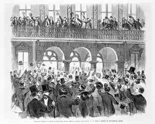 Secessionsmöte framför Mills House, Meeting Street, Charleston, South Carolina, ca 1860 (gravyr) (s/v foto)
