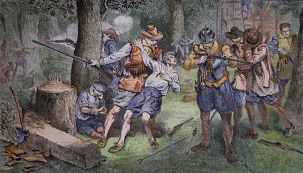Bosättning av Jamestown, Virginia 1607 (färgad gravyr)